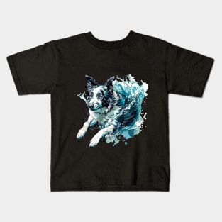 Border collie diving splash Kids T-Shirt